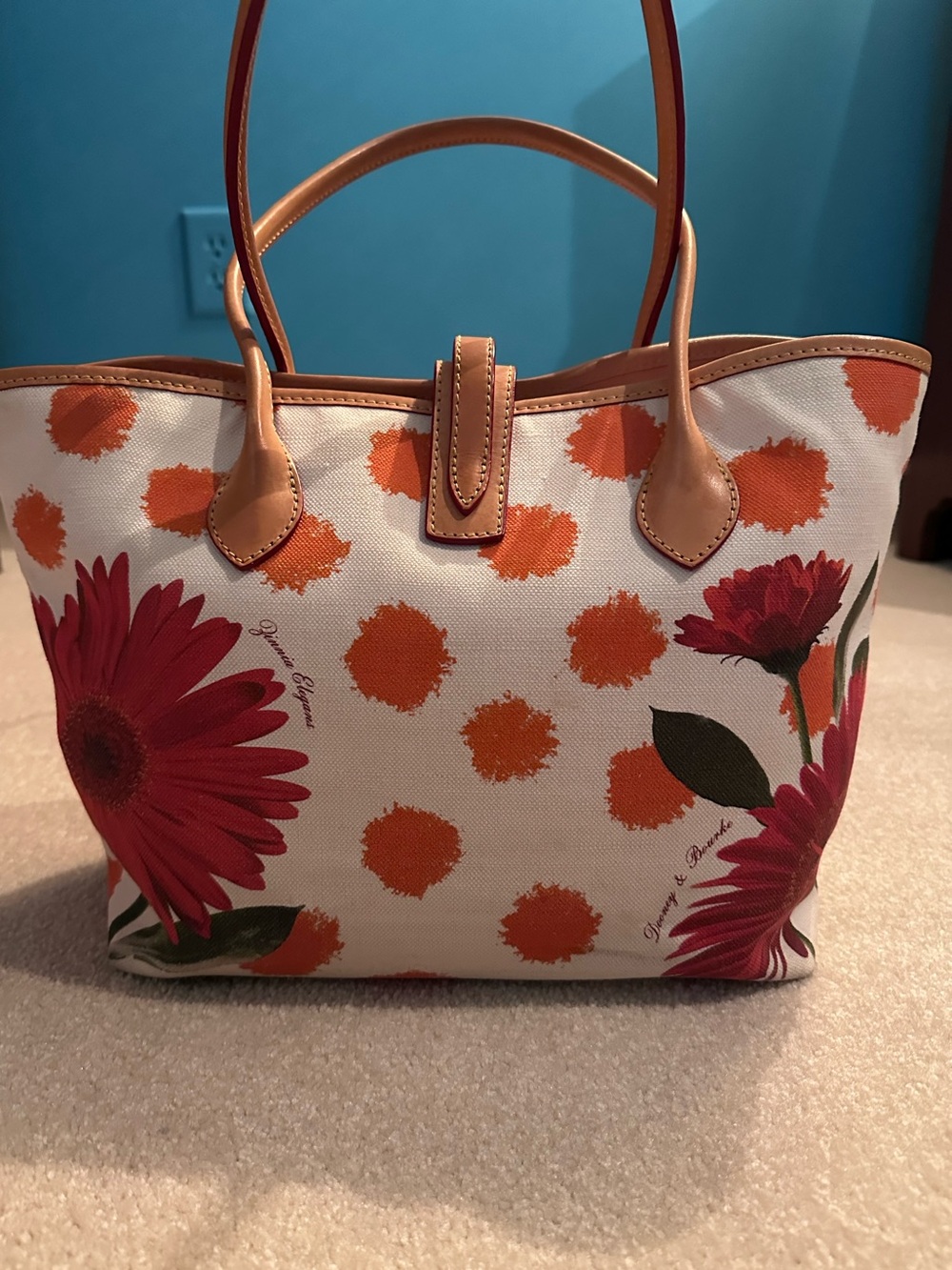 Dooney & Bourke Floral Canvas Shoulder /Tote Bag with Tan Leather Trim - Picture 2 of 6